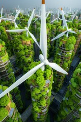 Futuristic Eco-City of Tomorrow: Renewable Energy Urban Landscape with Solar Panels and Wind Turbines, Fantasy Aerial View