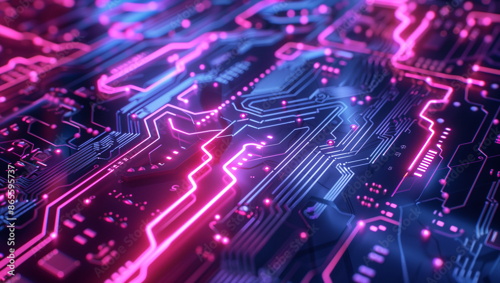 Poster a neon-lit circuit board with glowing lines and intricate patterns, symbolizing the complex technolo