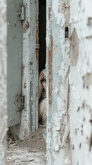 Paranormal Hideaway: Person Hiding in Basement from Ghostly Activity, Realistic Side View with Copy Space