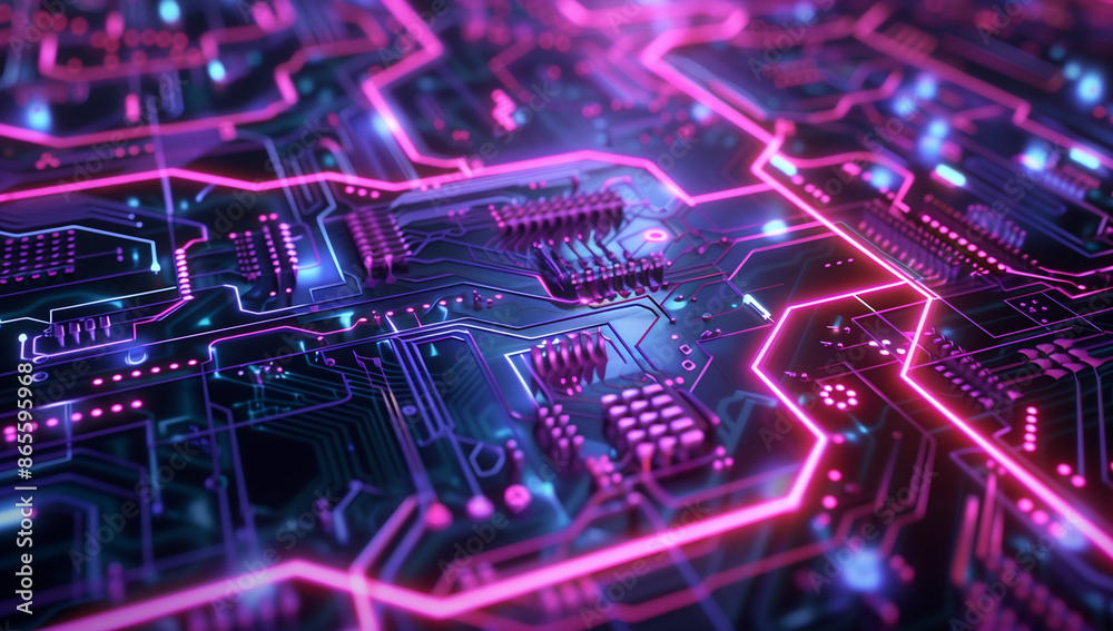 Poster a neon-lit circuit board with glowing lines and intricate patterns, symbolizing the complex technolo