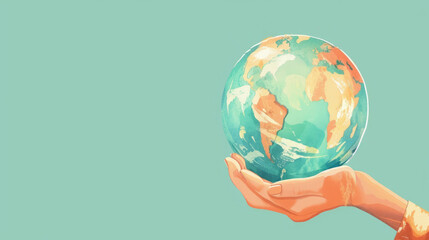 watercolor illustration, vintage postcard, World Humanitarian Day, planet earth in the palm of your hand, blue background, copy space, free space for text