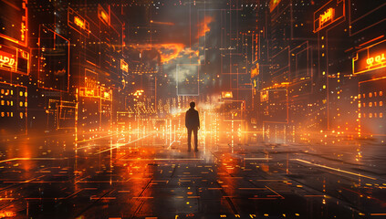 A man walks on an endless road made of digital code, illuminated by orange and blue lights. The background is filled with glowing symbols representing data flow.