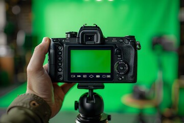 Photographer Setting Up Camera in Front of Green Screen