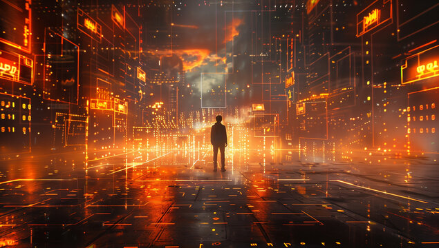 A man walks on an endless road made of digital code, illuminated by orange and blue lights. The background is filled with glowing symbols representing data flow.