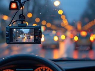 Dashcam Capturing Evening Traffic on a Rainy City Street