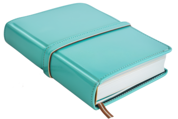 An aqua-colored travel journal with a leather cover, elastic strap, and ribbon bookmark, isolated on a transparent background
