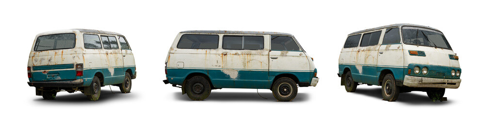 3 pack old dirty rusty abandoned van isolated on white transparent background png. Three views back...