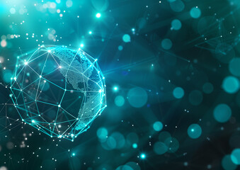 Abstract background with blue and teal spheres connected by glowing lines, representing the concept of blockchain technology in digital marketing.