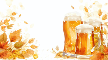 watercolor illustration, vintage postcard, International Beer Day, full beer mugs, white autumn background, leaves, copy space, free space for text