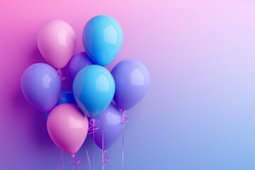 Festive background with blue and pink balloons on gradient purple background