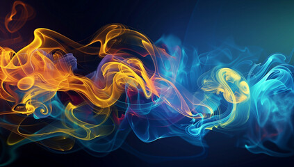 Obraz premium Abstract background with colorful smoke and a clock, flowing shapes, in the style of digital art, a dark blue gradient, dark black and light amber tones,
