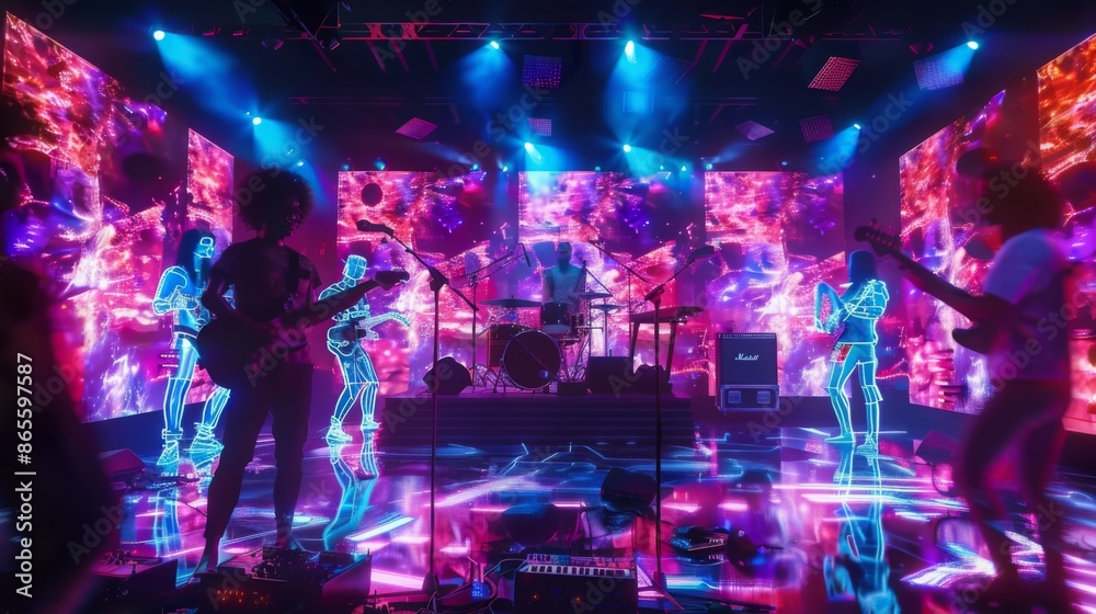 Aufkleber A band plays on stage with holographic projections of themselves in the background. The stage is lit with colorful lights, creating a vibrant and futuristic atmosphere.