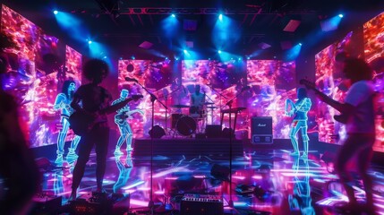 A band plays on stage with holographic projections of themselves in the background. The stage is lit with colorful lights, creating a vibrant and futuristic atmosphere.