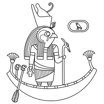 Horus is an ancient Egyptian deity. God of kingship, healing, protection, the sun, and the sky.
Colouring page for kids. Learning culture, mythology with fun. Black and white vector illustration
