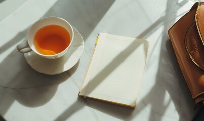 Closed notebook on a light gray table with a cup of tea on the left and a handbag on the right