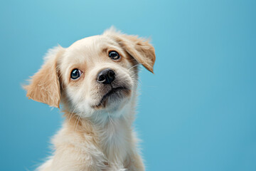 A close-up photo of a puppy with a playful expression, set against a solid sky blue background with plenty of copy space