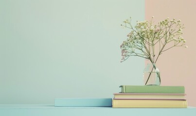 Stack of books on a light blue table with a pastel cream background, with a small vase of flowers