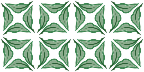 Fototapeta premium Green leaves kaleidoscope seamless pattern on beige background. Delicate green colors. Vintage mosaic tiles background vector illustration. For wallpaper, giftpapers, textile, design projects and card