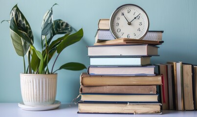 Stack of books on a light gray table with a pastel ivory background