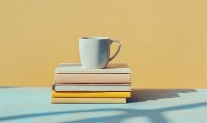 Stack of books on a light gray table with a pastel butter yellow background