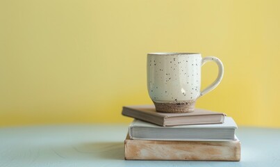 Stack of books on a light gray table with a pastel butter yellow background