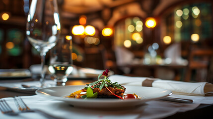 Elegant Gourmet Dish on a Plate in a Fine Dining Restaurant Setting with Warm Ambient Lighting