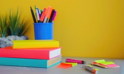 Fototapeta premium Stack of books on a light gray table with a pastel yellow background