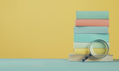 Stack of books on a light gray table with a pastel butter yellow background, with a magnifying glass