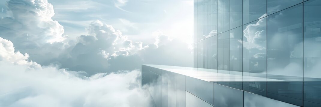 Modern glass building above the clouds with bright sunlight. Ideal for business concepts, innovation, and forward thinking