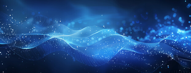 Abstract blue background with glowing waves and dots for technology, science or digital design...