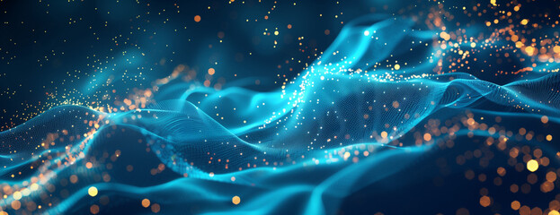 Abstract blue background with glowing waves and dots for technology, science or digital design concept