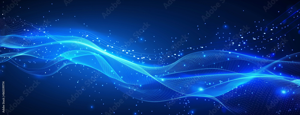 Wall mural abstract blue background with glowing wavy lines and dots for technology, digital data transfer or c