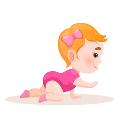 Crawling little girl with ginger hair in cute pink clothes with socks and bow on hair.
