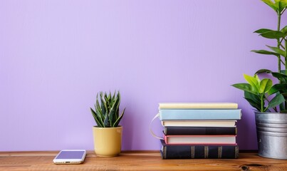 Stack of books on a wooden desk with a pastel lavender background, with a smartphone