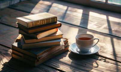Naklejka premium Stack of books on a wooden table with a cup of tea next to it, shadow from window, top view