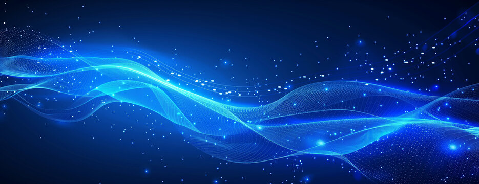 Abstract blue background with glowing wavy lines and dots for technology, digital data transfer or communication concept