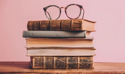 Stack of books on a wooden table with a pastel rose pink background, with a pair of reading glasses