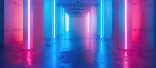 Clean Photography Studio with Abstract Blue Background and Neon Light Reflections