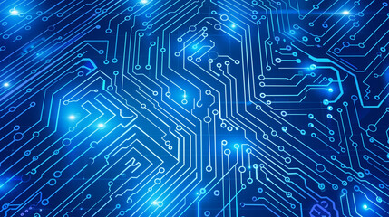 Abstract blue circuit board background with glowing elements, representing technology and digital marketing in the world of artificial intelligence.