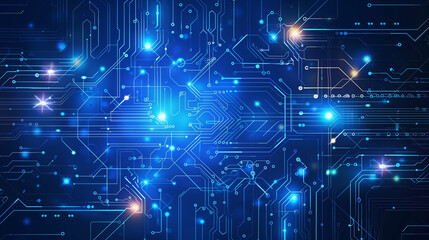 Abstract blue circuit board background with glowing elements, representing technology and digital marketing in the world of artificial intelligence.