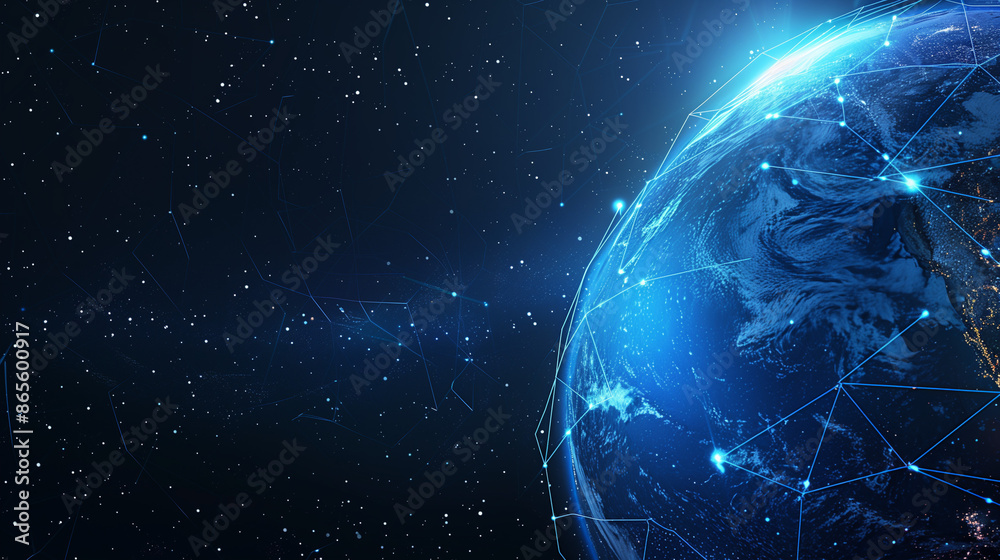 Poster abstract blue planet earth with glowing light connection lines on a dark background, representing a 