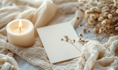 Fototapeta premium White blank card on a pastel cream background, with a piece of linen cloth and a handmade candle