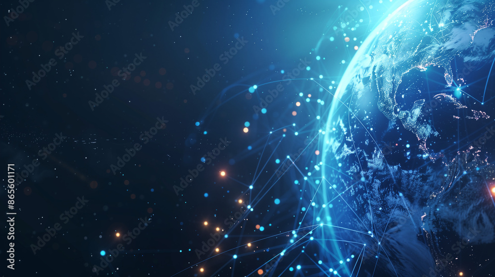 Poster abstract blue planet earth with glowing light connection lines on a dark background, representing a 