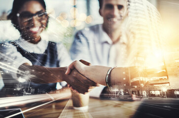 Handshake, greeting and business people with city double exposure for infrastructure agreement. Partnership, meeting and financial advisors shaking hands with client for investment in new development