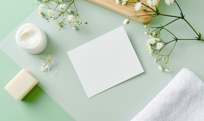 White blank card on a pastel mint green background, with a handmade soap