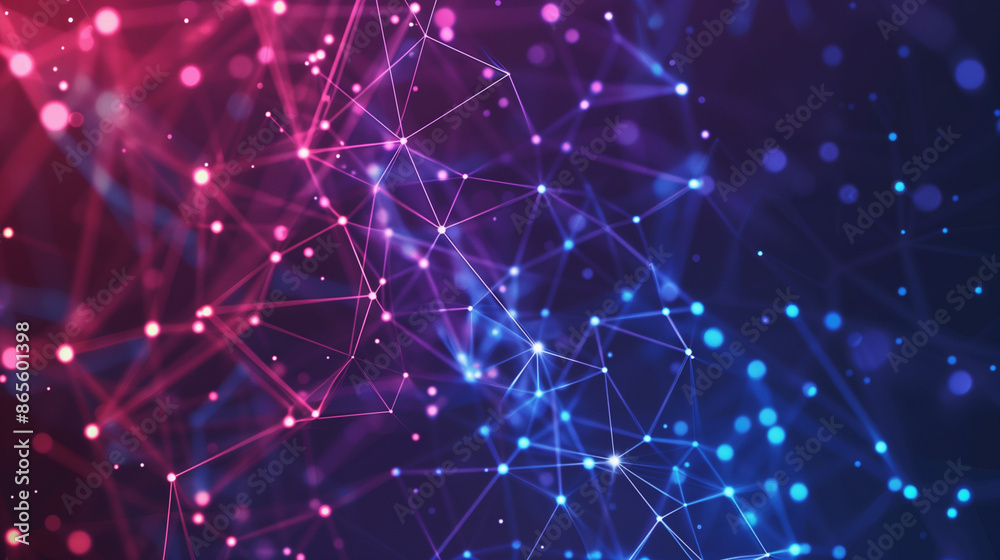 Poster abstract digital background with blue and red glowing dots connected by lines forming an intricate p