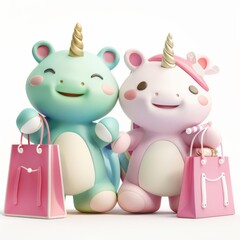 Fototapeta premium Joyful 3D kawaii image of a frog and unicorn pairing, engaging in a shopping spree for luxury brands, against a white background