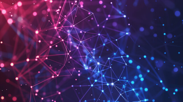 Abstract digital background with blue and red glowing dots connected by lines forming an intricate pattern on a dark purple gradient, representing the concept of global network technology.