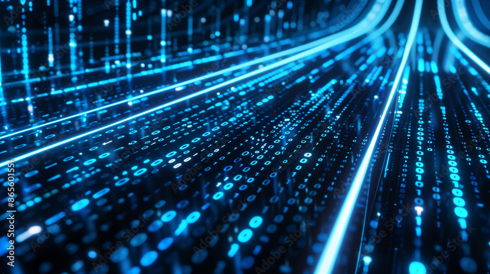Poster abstract digital background with blue binary code and light streaks on black, representing data flow