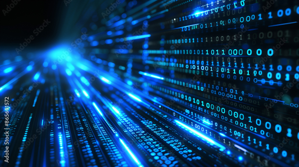 Poster abstract digital background with blue binary code and light streaks on black, representing data flow